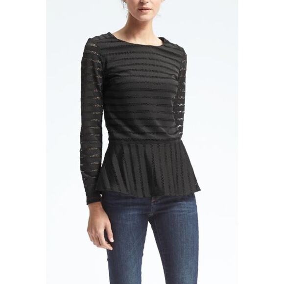 Banana Republic Black Mesh Peplum Long Sleeve Blouse M - Picture 1 of 13
